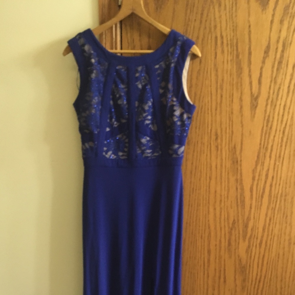 Navy & lace maxi evening gown